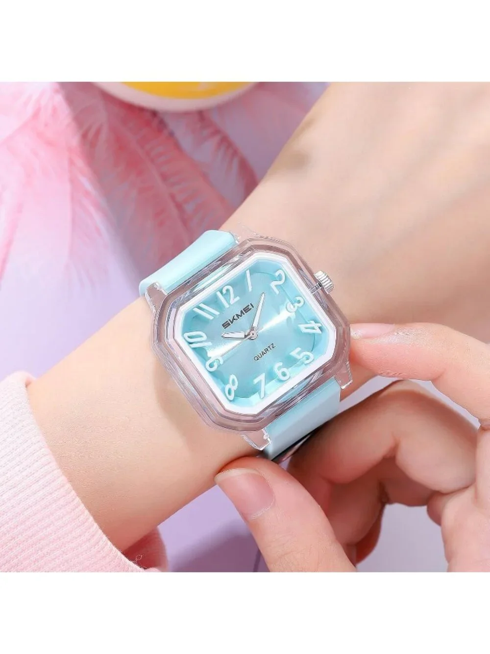 Women’s Blue Big Arabic Numbers Silicone Strap Casual Analog Square Wrist Watch